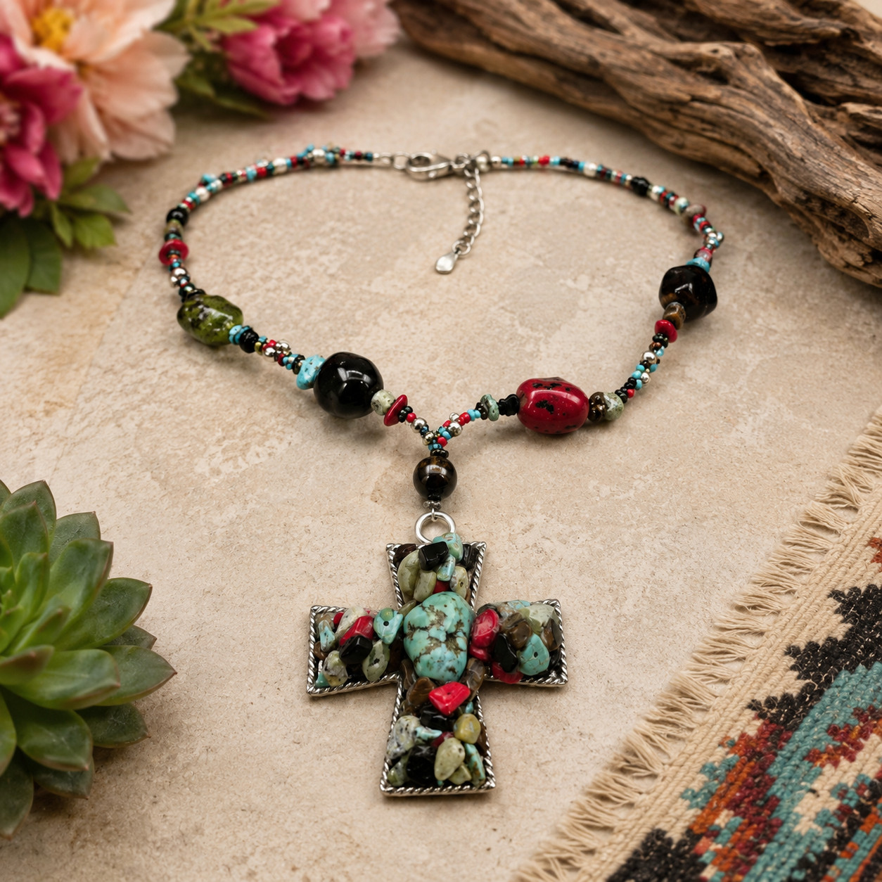 Southwestern Cross Pendant Necklace Multicolor Stone Ceramic Glass Beads 20 in
