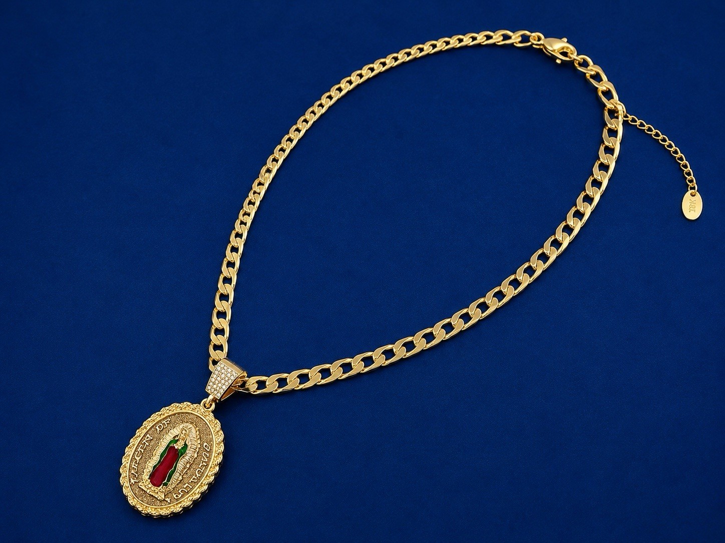 Gold Plated none tarnished Cuban Link Oval Medal Religious Pendant Necklace