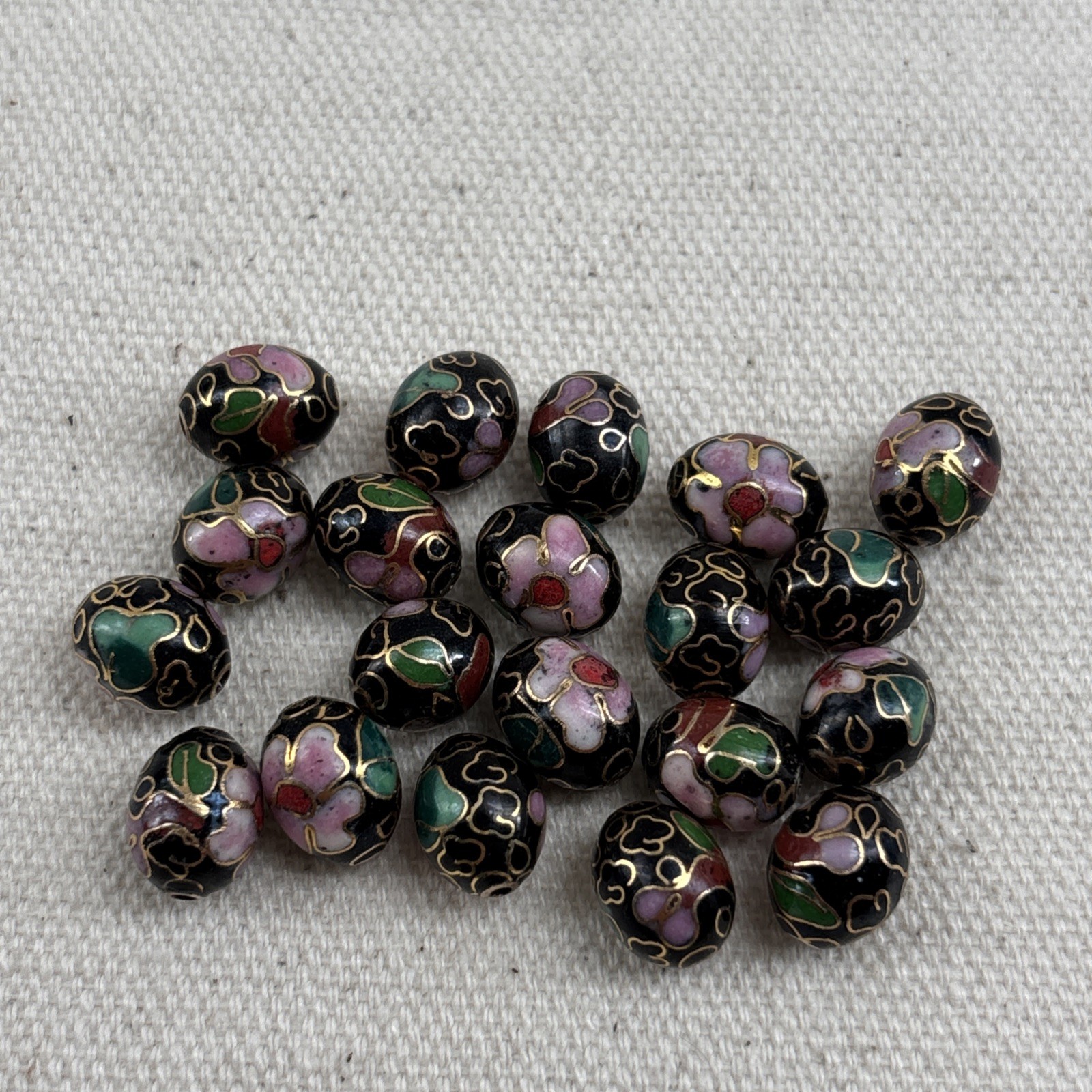 lot of 20 Black Pink Flowers Leaves Cloisonne Chinese Enamel Oval Beads 9×11.5mm