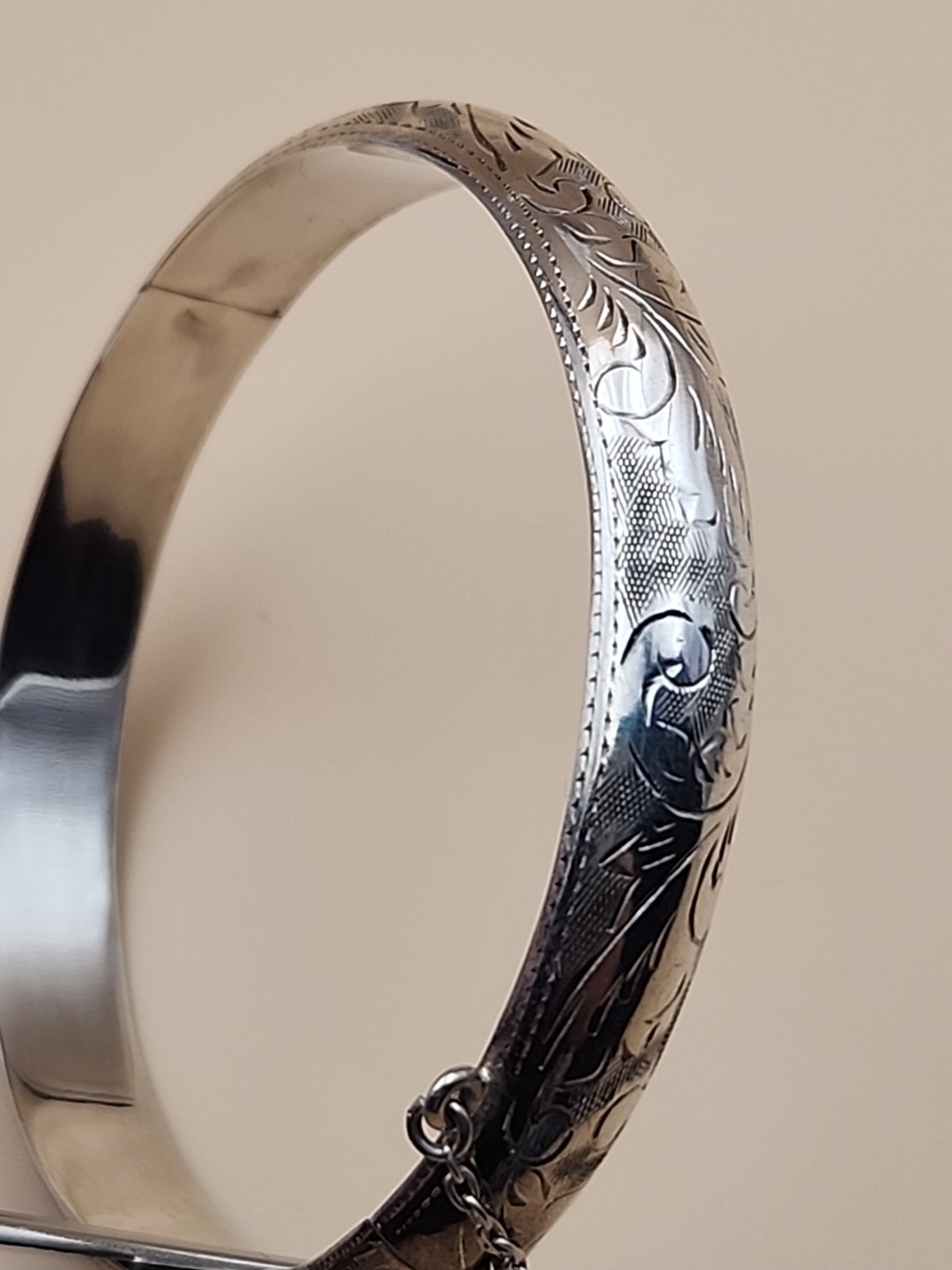 Sterling Silver Vintage Hand Engraved/Hinged Cuff Bracelet With Safety Chain