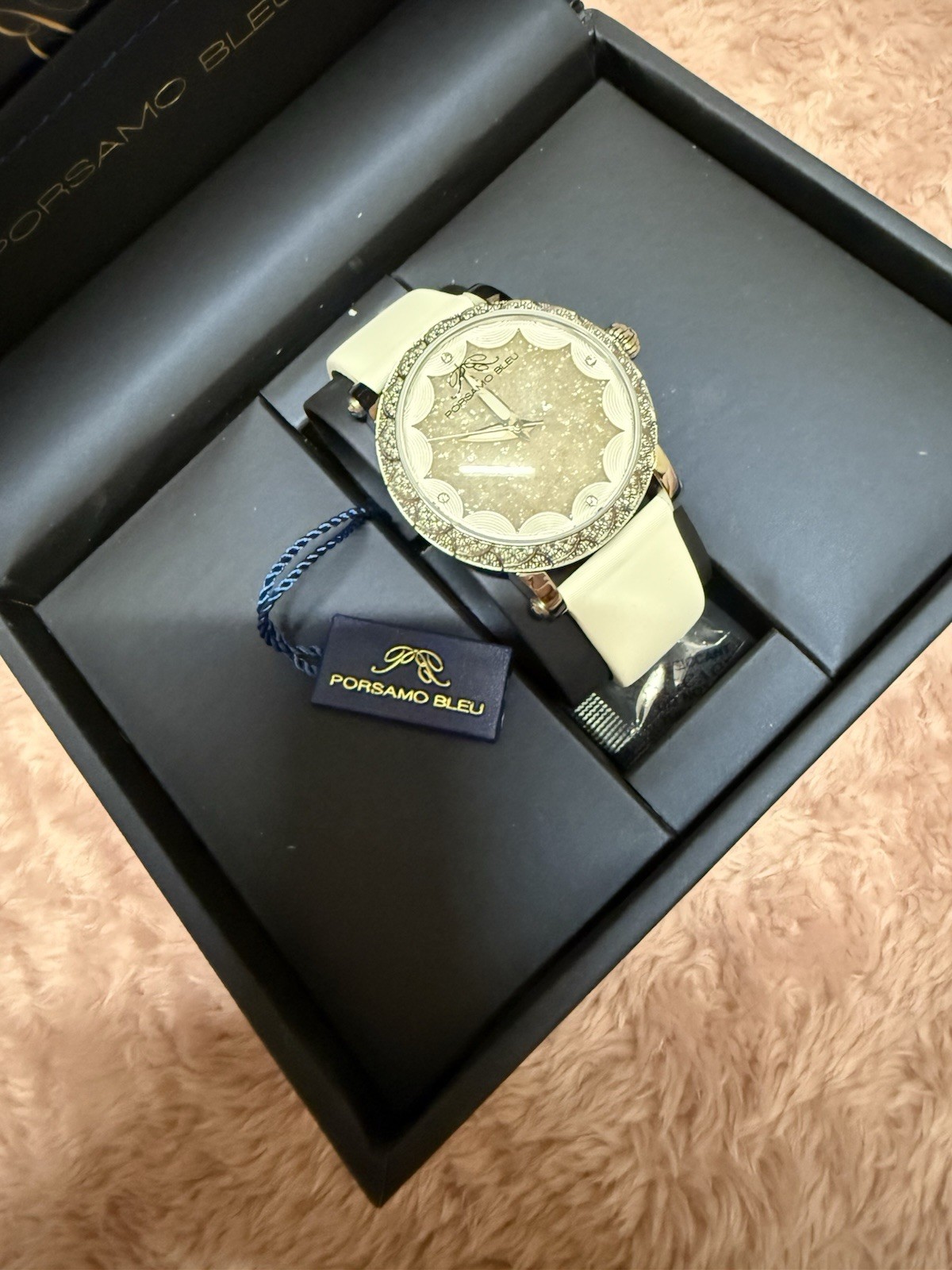 Porsamo Bleu Genevieve Luxury Topaz Women’s Satin Leather Watch, Silver, White