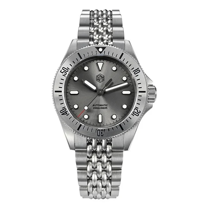 San Martin SN044-GB Diver Watch, Sunburst Enamel Silver, case, warranty