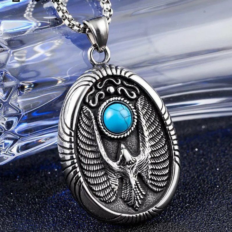 MENDEL Mens Hawk Eagle Necklace Pendant Turquoise Stainless Steel Chain Silver