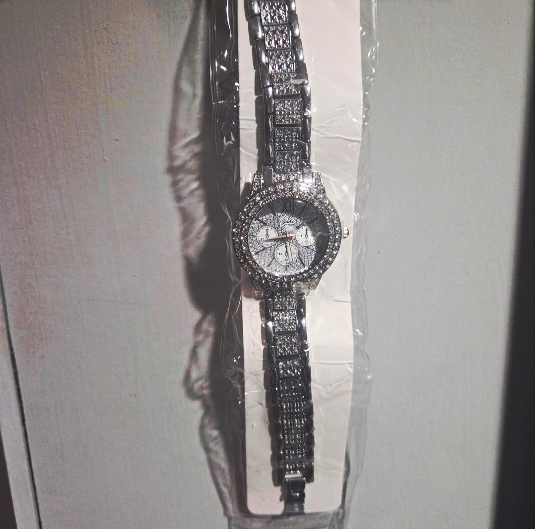 Silver-Tone Analog Chronograph Wristwatch Gem-Set Bezel Silver Dial Bracelet