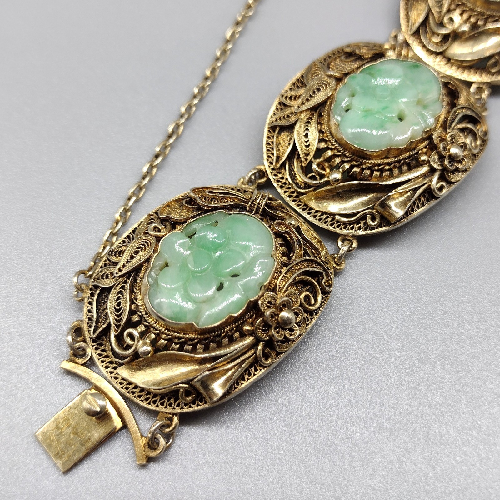 Chinese Export Carved Jade Gilt Silver Filigree Bracelet Vintage Antique Jewelry