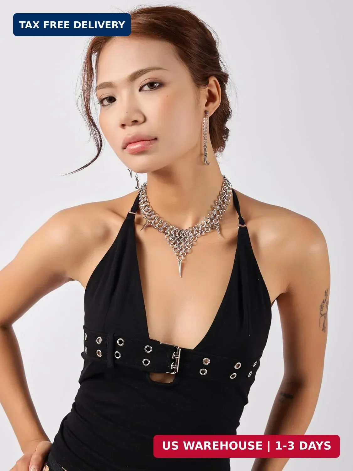 Sacina Silver-tone Chunky Spike Choker, Gothic Emo Punk Grunge Necklace, Goth Je