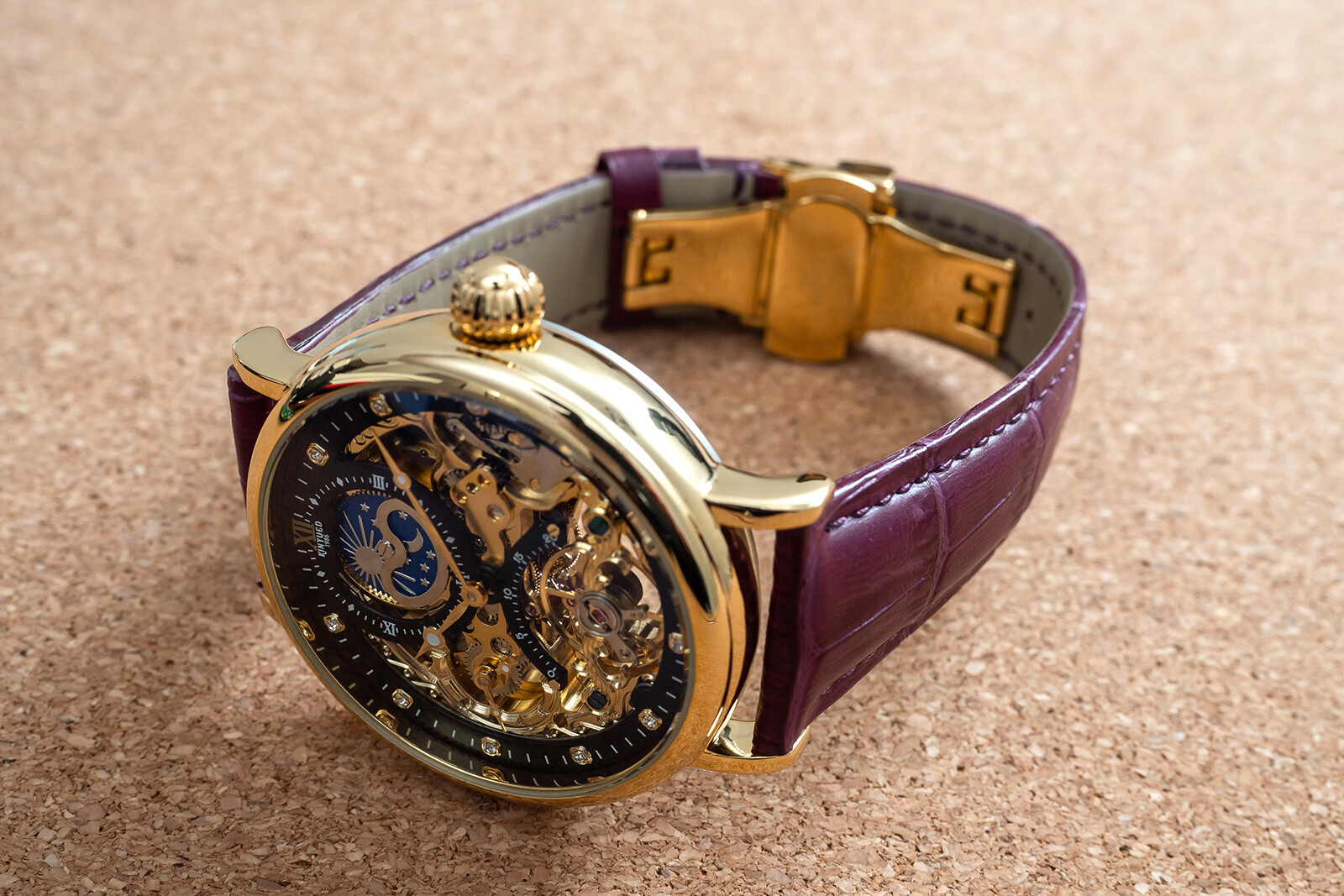 Mens Gold Dual Time Flywheel Automatic Mechanical Watch Black Purple Leather