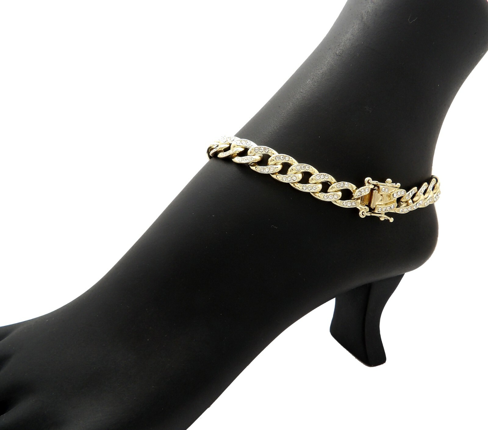 Gold Plated 10mm 10″ ICE BLING BOX LOCK CUBAN CHAIN ANKLET