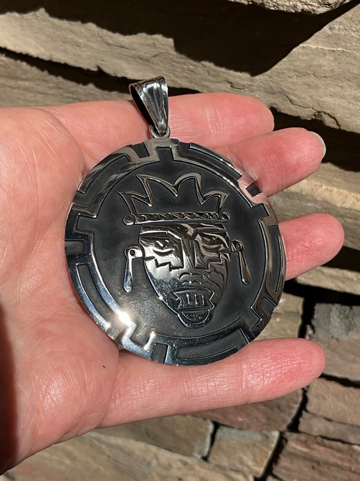 Huge Vintage Sterling Silver Aztec Mask Pendant Mexico 22.4g Handcrafted Tribal