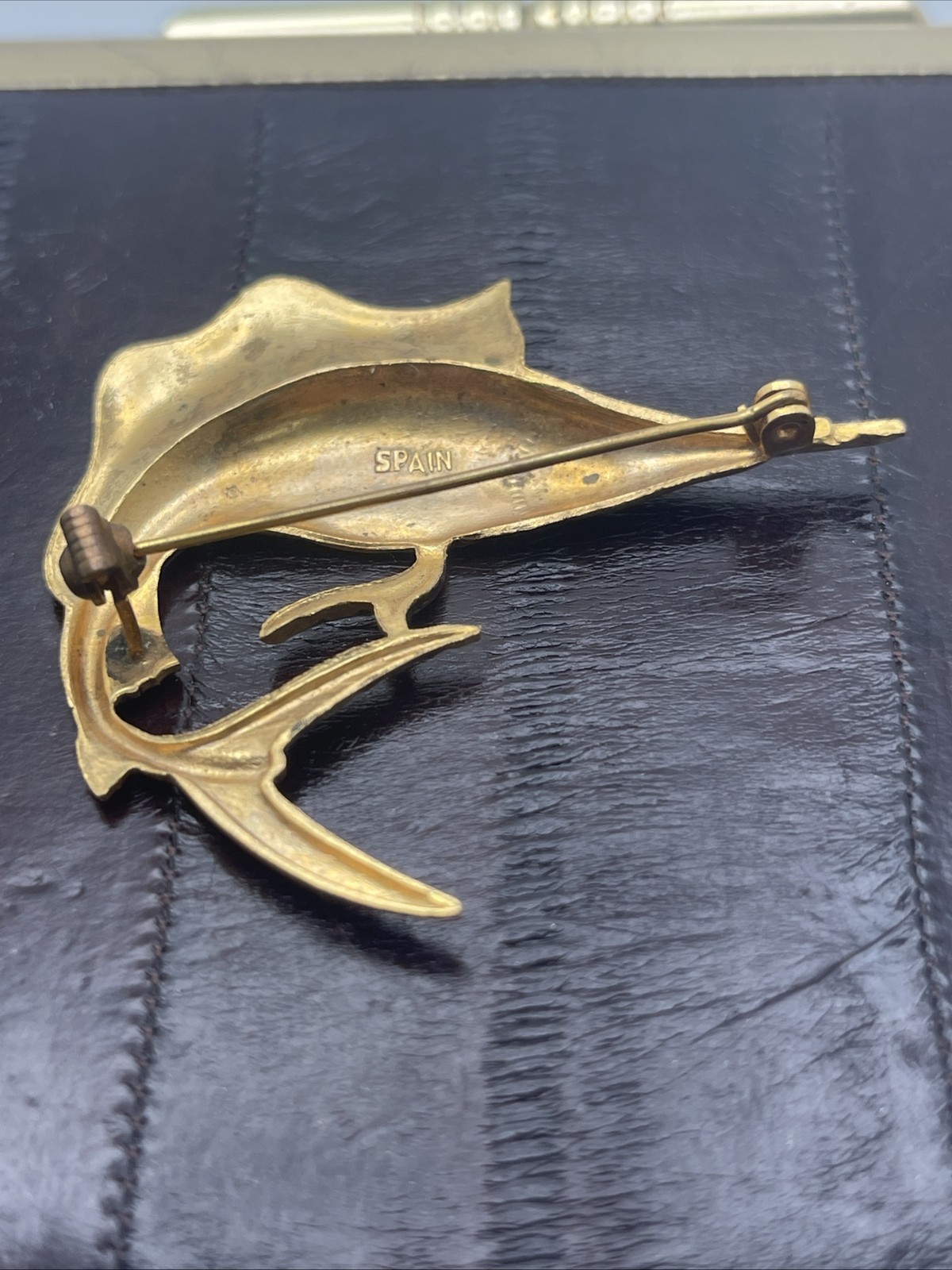 Damascene SWORDFISH Vintage Spanish Pin Brooch Gold Tone Black Enamel Spain