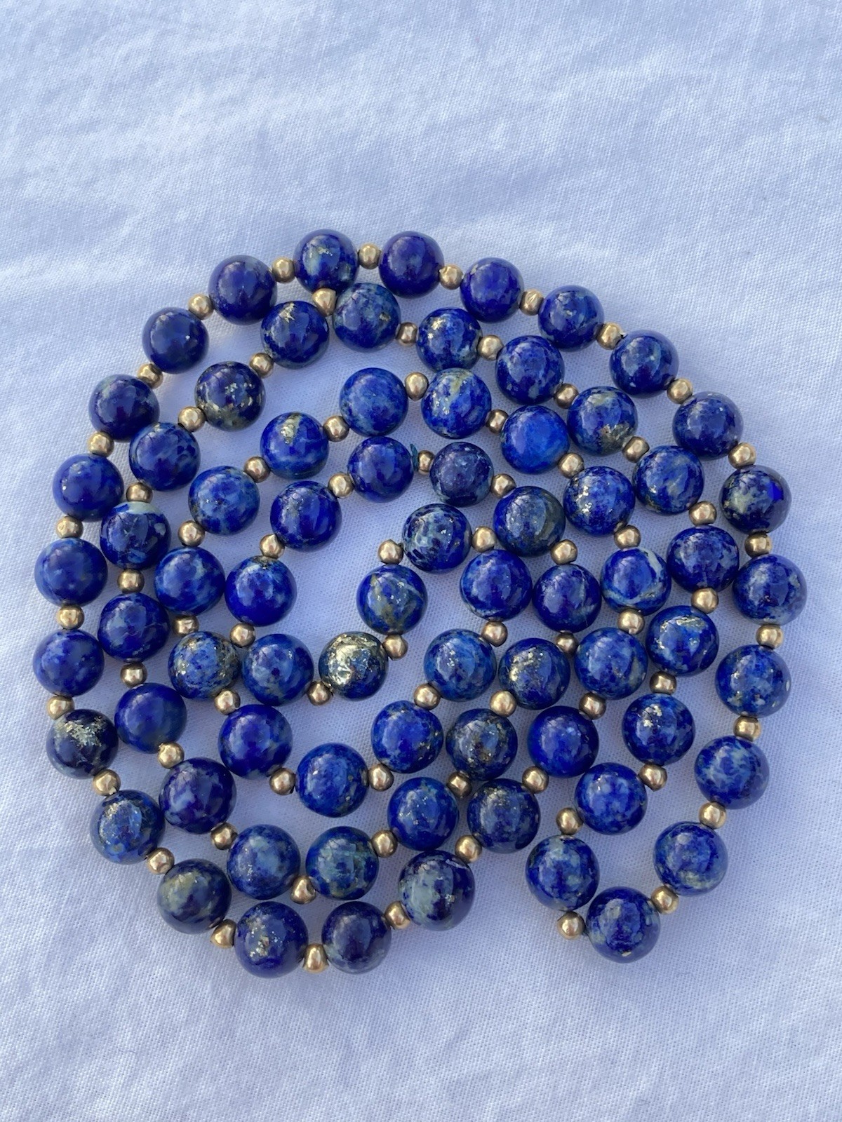 Estate Vintage 30” 7mm Blue Lapis Lazuli & 2mm 14K Gold Beaded Necklace, 57.3g