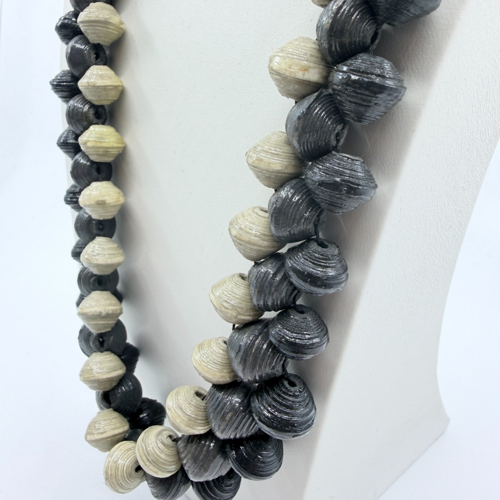 Vintage Boho Black Cream Handcrafted Rolled Paper Bead Strand Statement Necklace