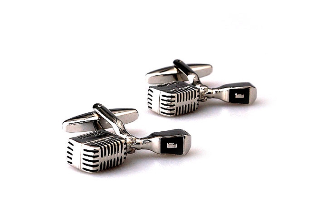 Microphone Pair Cufflinks Silver Black DJ Wedding Gift Box & Polishing Cloth