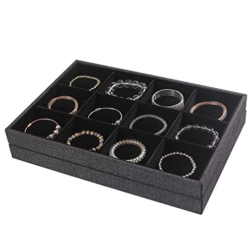 2Pcs 12 Grids Stackable Jewelry Organizer 12 Grid Tray + 12 Grid Tray Black