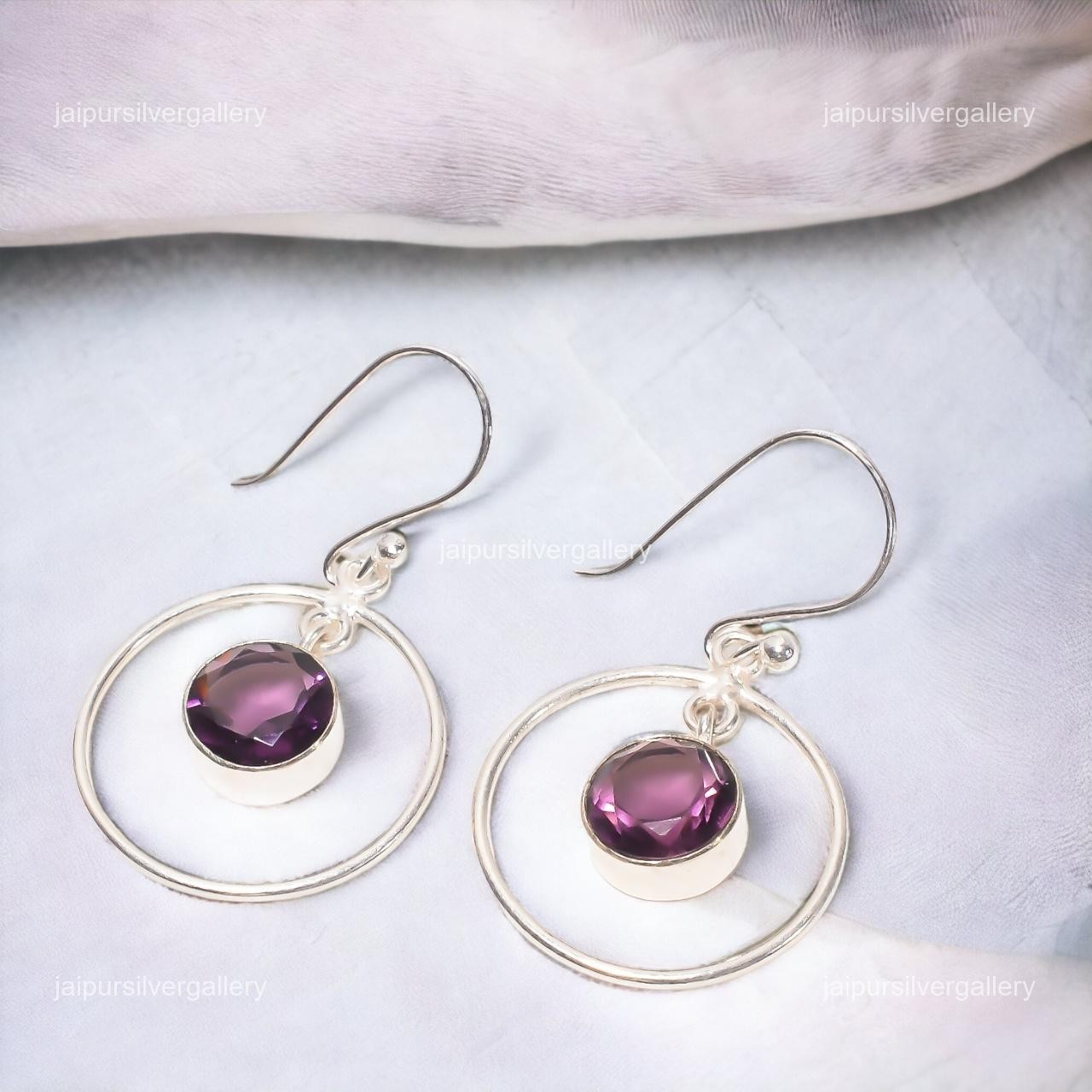 Amethyst Gemstone Jewelry 925 Silver Handmade Daily Wear Earrings 1.4″ For Women