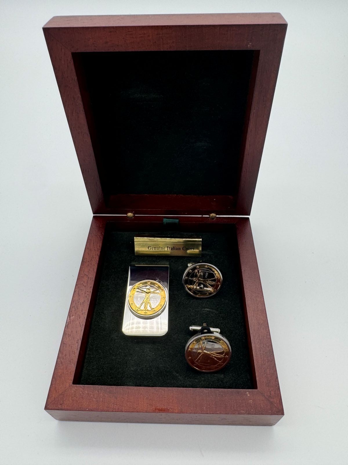 Italian Cufflinks and Money Clip Set Davinci Vitruvian Man Gold and Silver coins