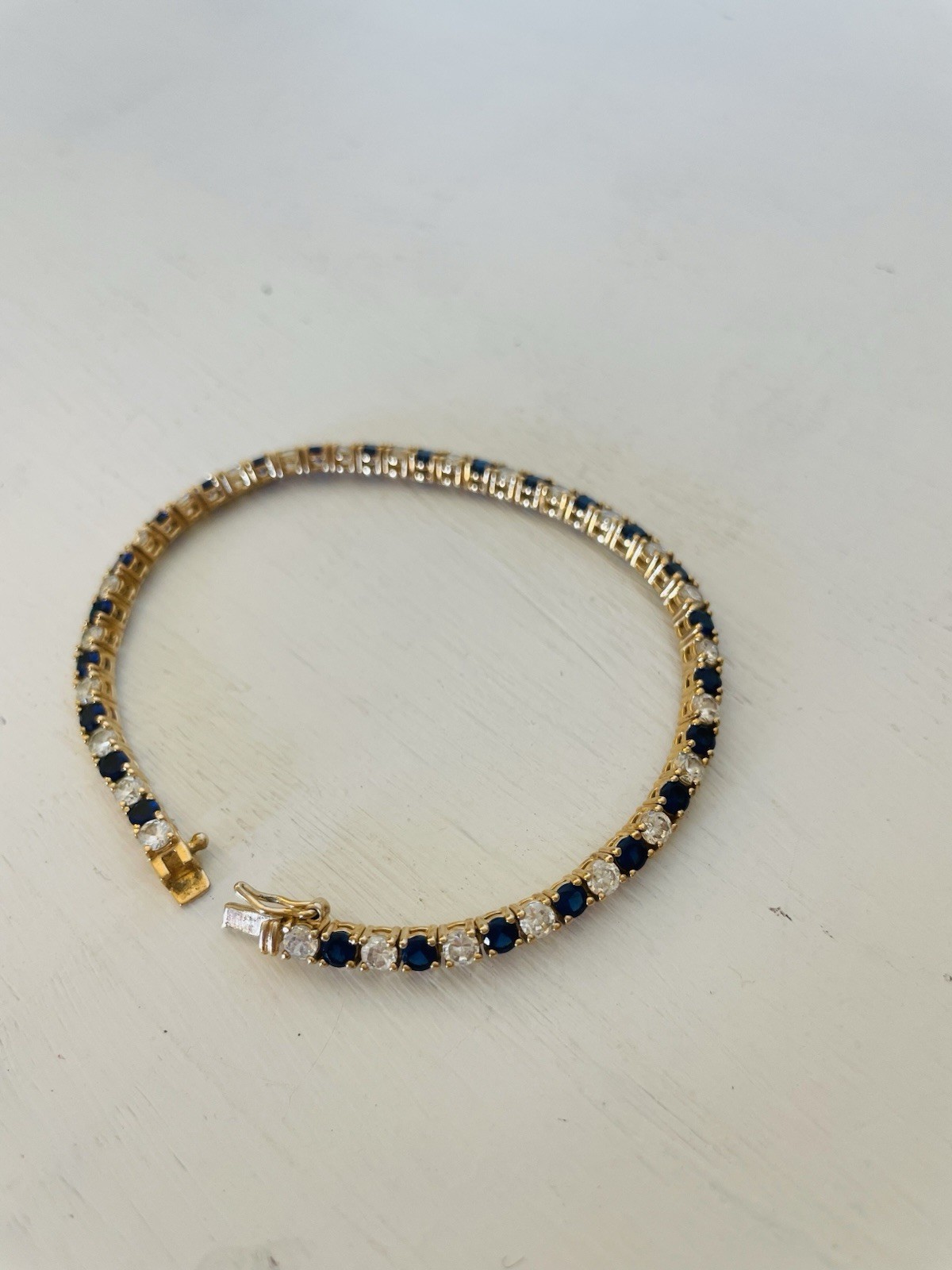 925 Sterling Silver Gold Plated Blue Clear Stone Tennis Bracelet 4mm