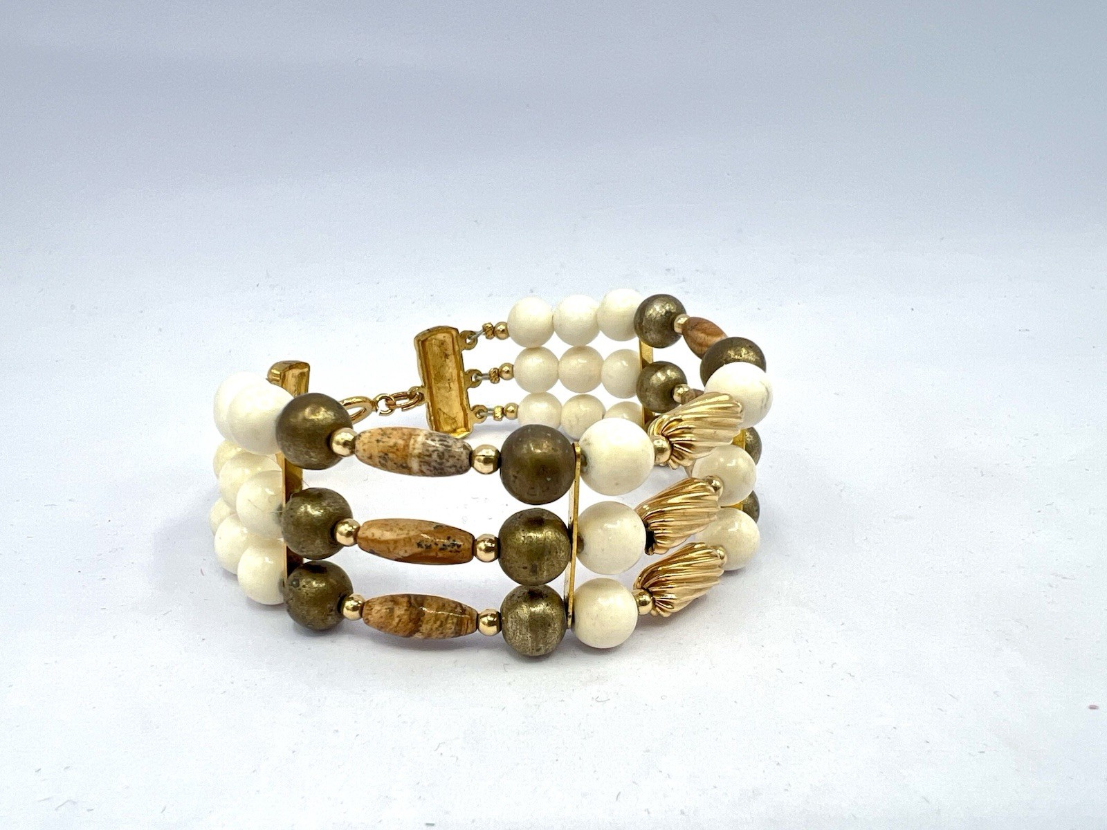 Vintage Silver Gold Ivory Brown Tan Gemstone Bead Wide Bracelet RO-DO NOS JD