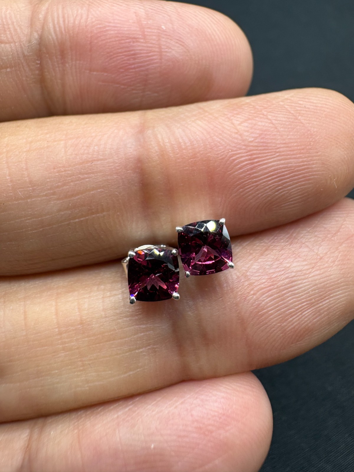 Pink Rhodolite Stud Earrings in Sterling Silver | 5.00mm Cushion Cut, 1.50 cts