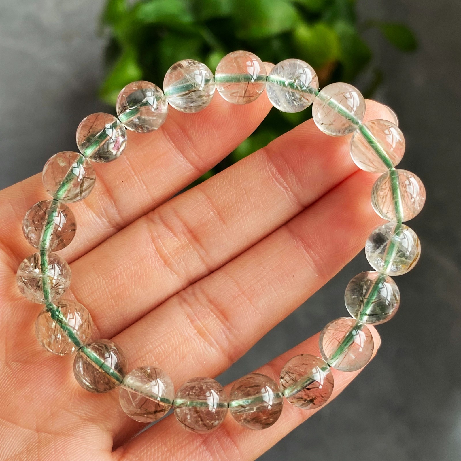 9.2mm Natural Green Tourmaline Rutilated Quartz Crystal Bracelet 3109