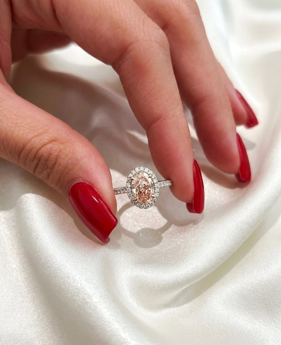 3.40 Carat Fancy Vivid Pink Oval Cut IGI Lab Created Diamond Ring 14k White Gold