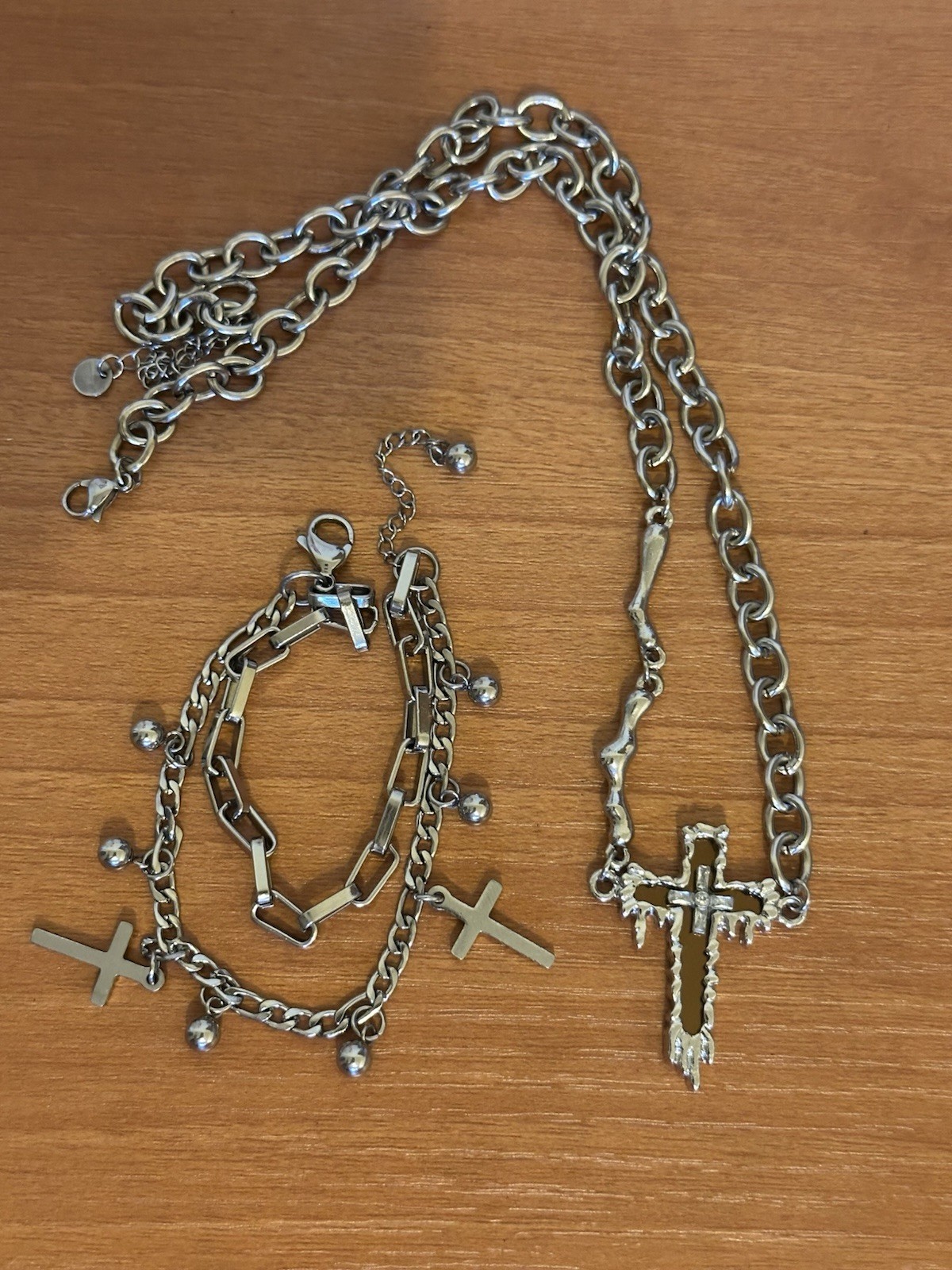 Y2K Gothic Silver Tone Cross Necklace & Double Layer Charm Bracelet Set