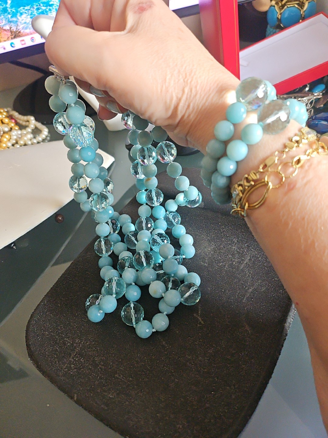 LP Genuine Stones Amazonite Bids & Blue Topaz 3 Strands Silver 925 Necklace 22″