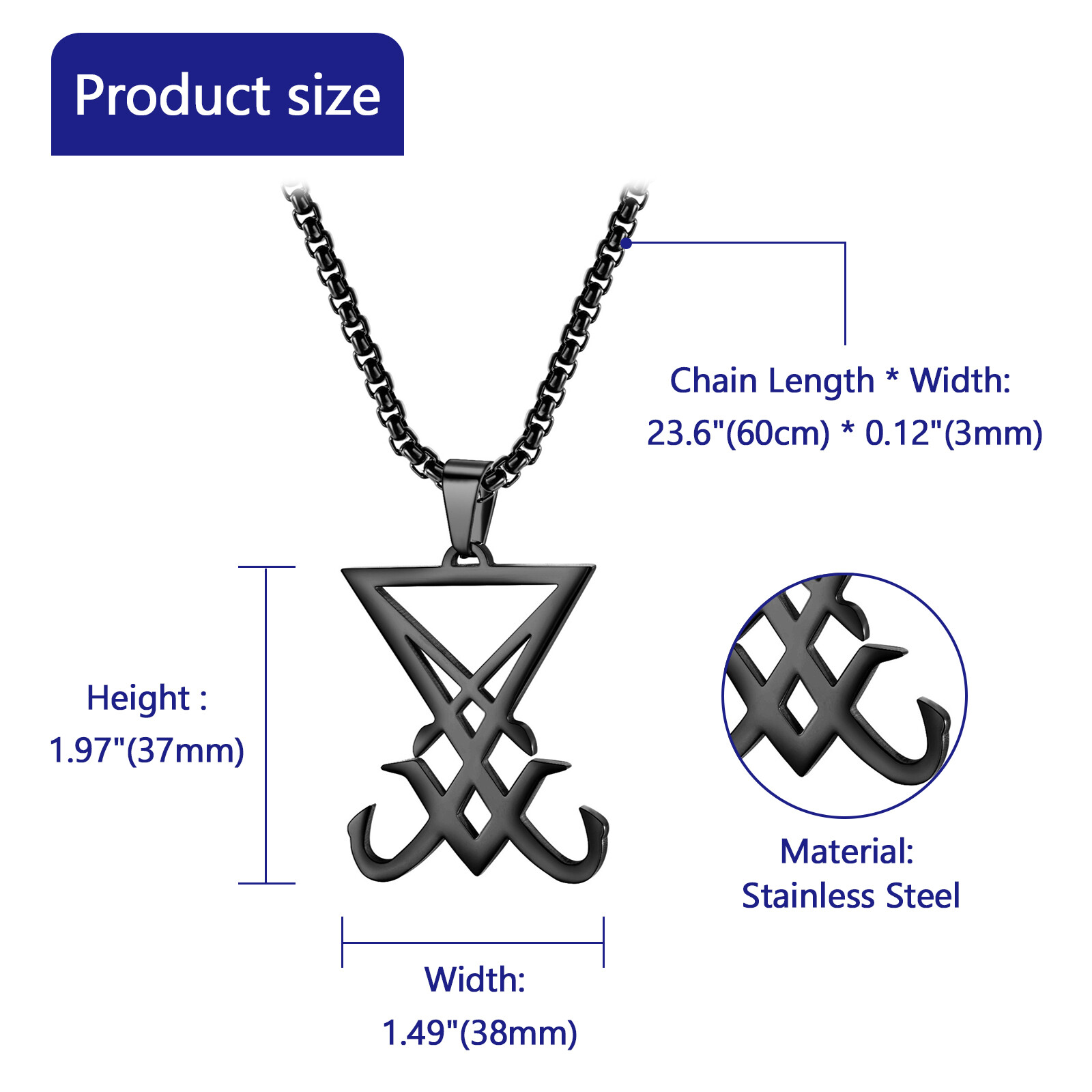 Sigil of Lucifer Pendant Necklace Mens Satanic Amulet Stainless Steel Chain 24″