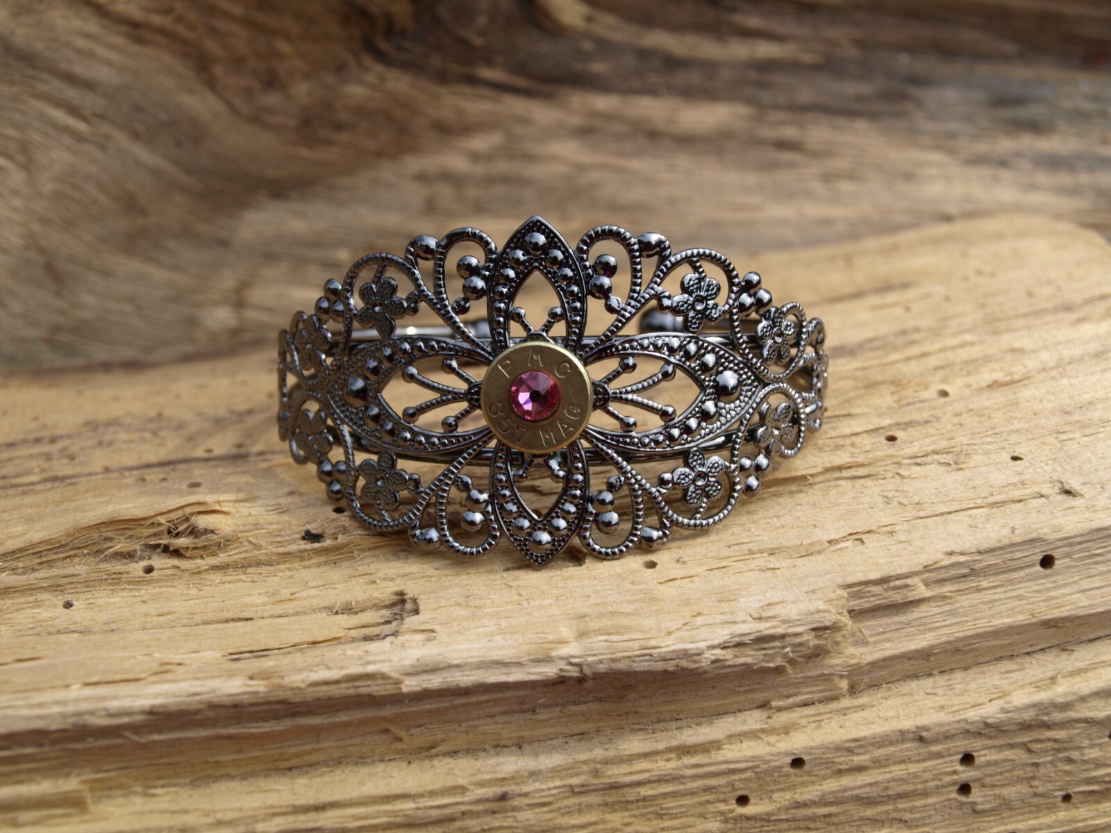 Antique Silver Filigree BULLET Bracelet. Optional Glass Crystal