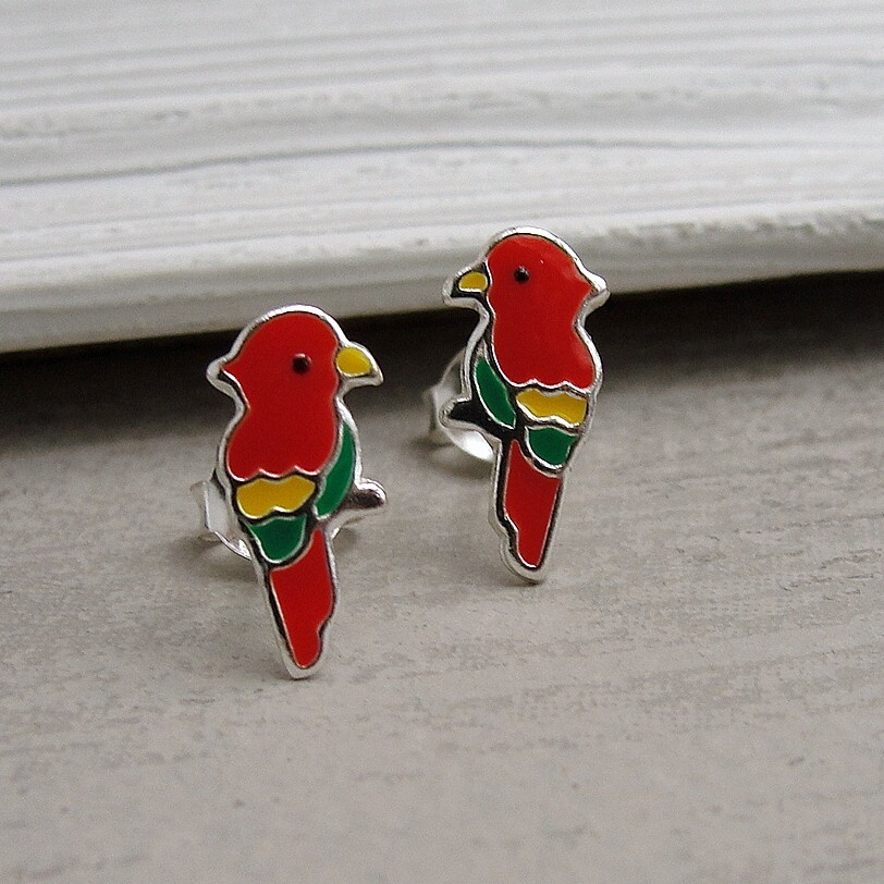 Parrot Post Earrings – 925 Sterling Silver – Tropical Bird Ear Studs