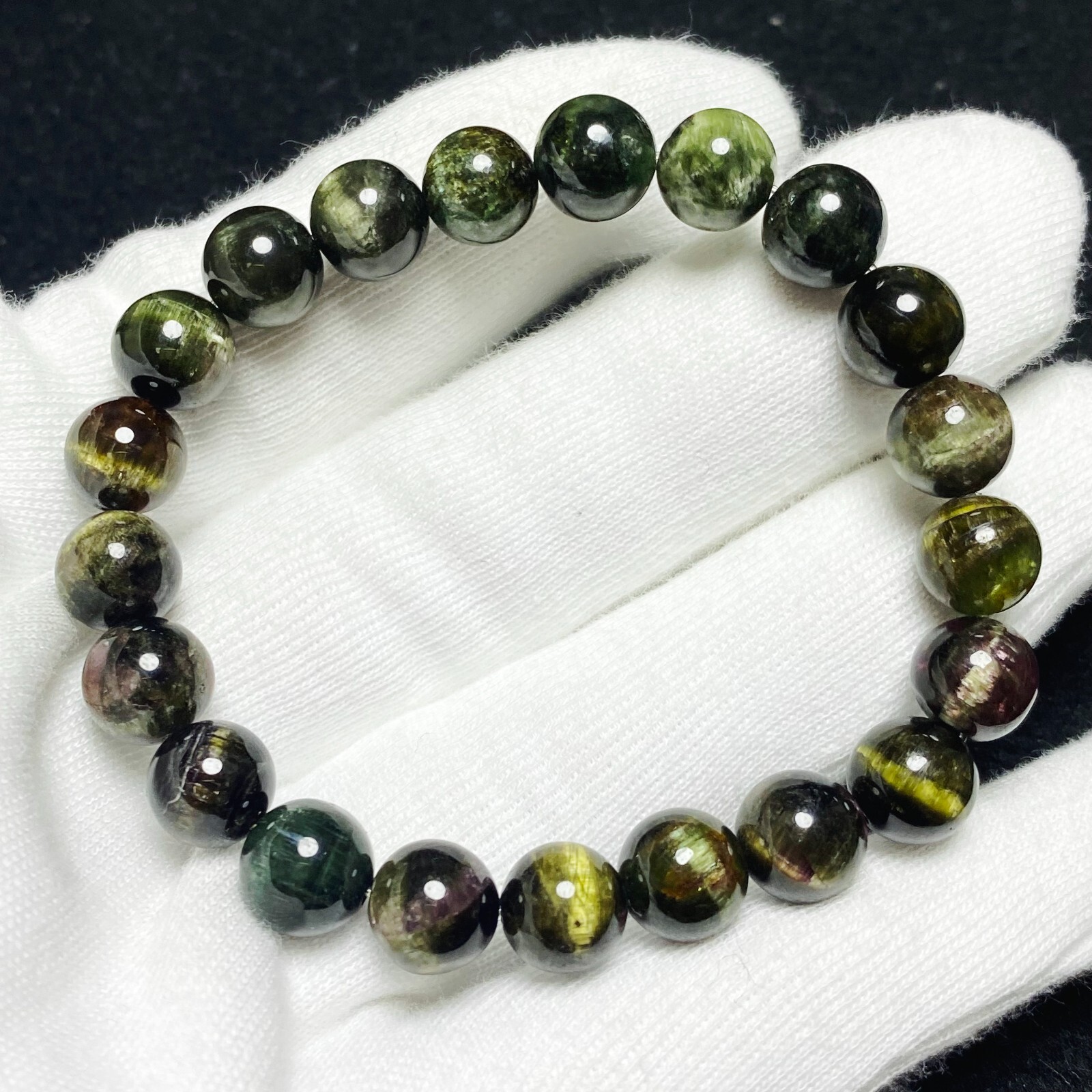 9.2mm Natural Color Tourmaline Cat’s Eye Quartz Crystal Beads Bracelet C1487