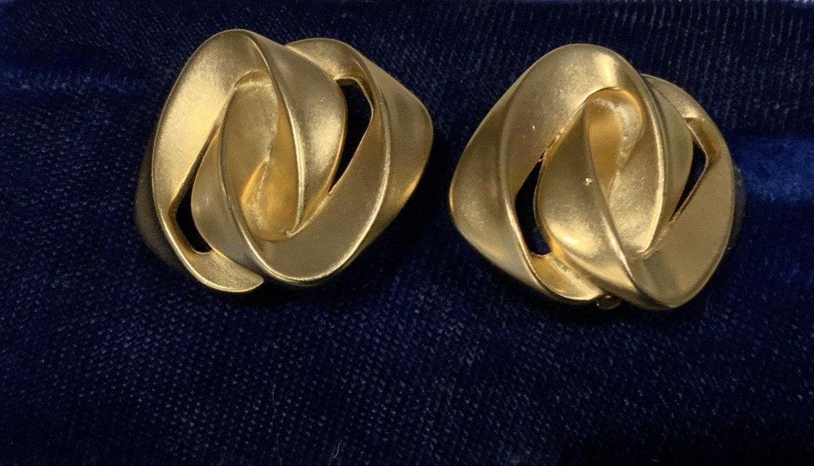 Vintage Modernist Clip On Earrings Brushed Gold Tone Matt Finish Signed F.O INC