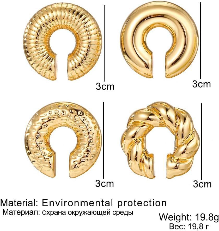 4 Pcs Chunky Ear Cuffs Non Piercing for Women, Golden C-Shaped Clip on Cartilage