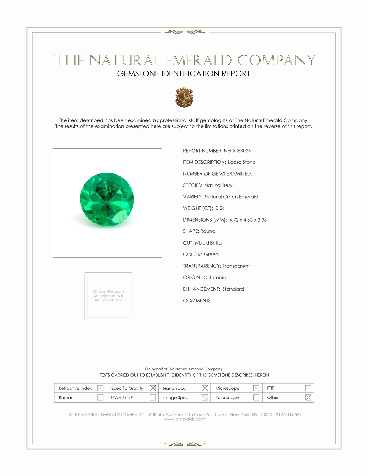 Colombia Round Green Emerald 0.36CT