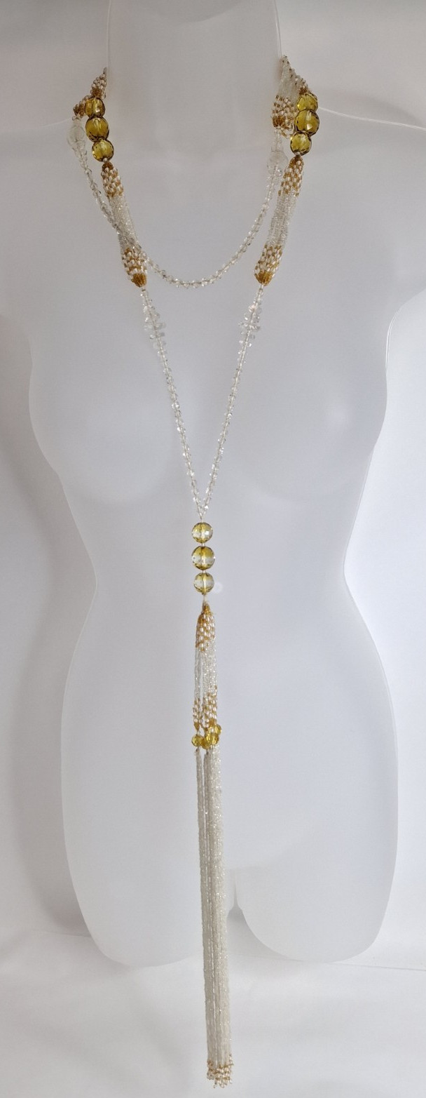 Vintage Glass Bead Sautoir Necklace Clear Flapper Art Deco Tassel Fringe 52”