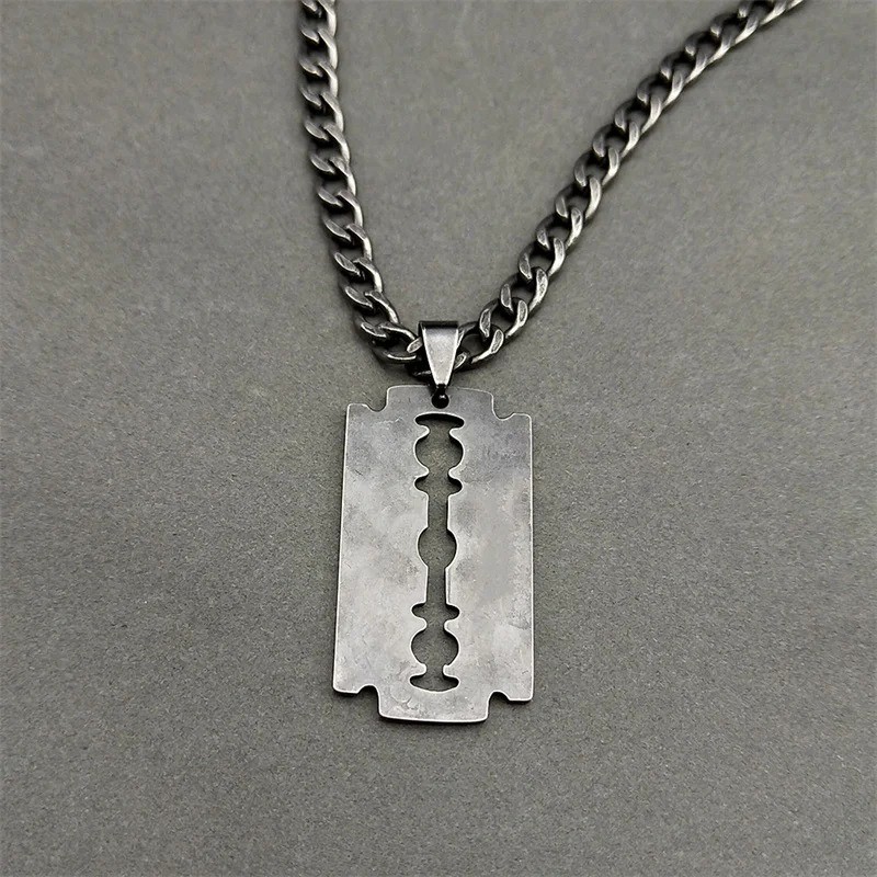 Blade Razor Necklace Pendant Stainless Steel Chain Men’s Box Men Silver 20 Cuban