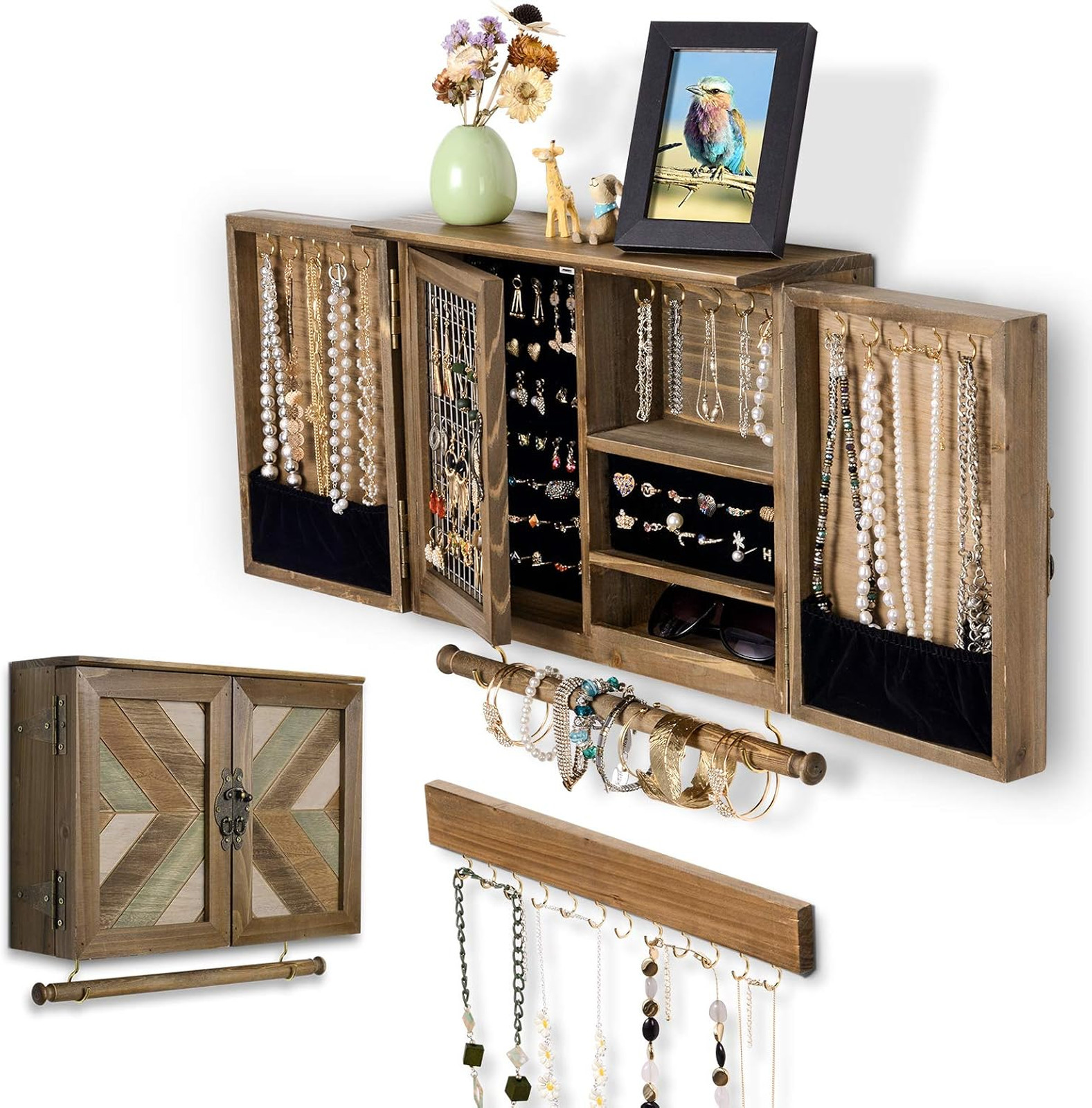 Wall Mounted Jewelry Organizer with Removable Bracelet Rod and Hooks for