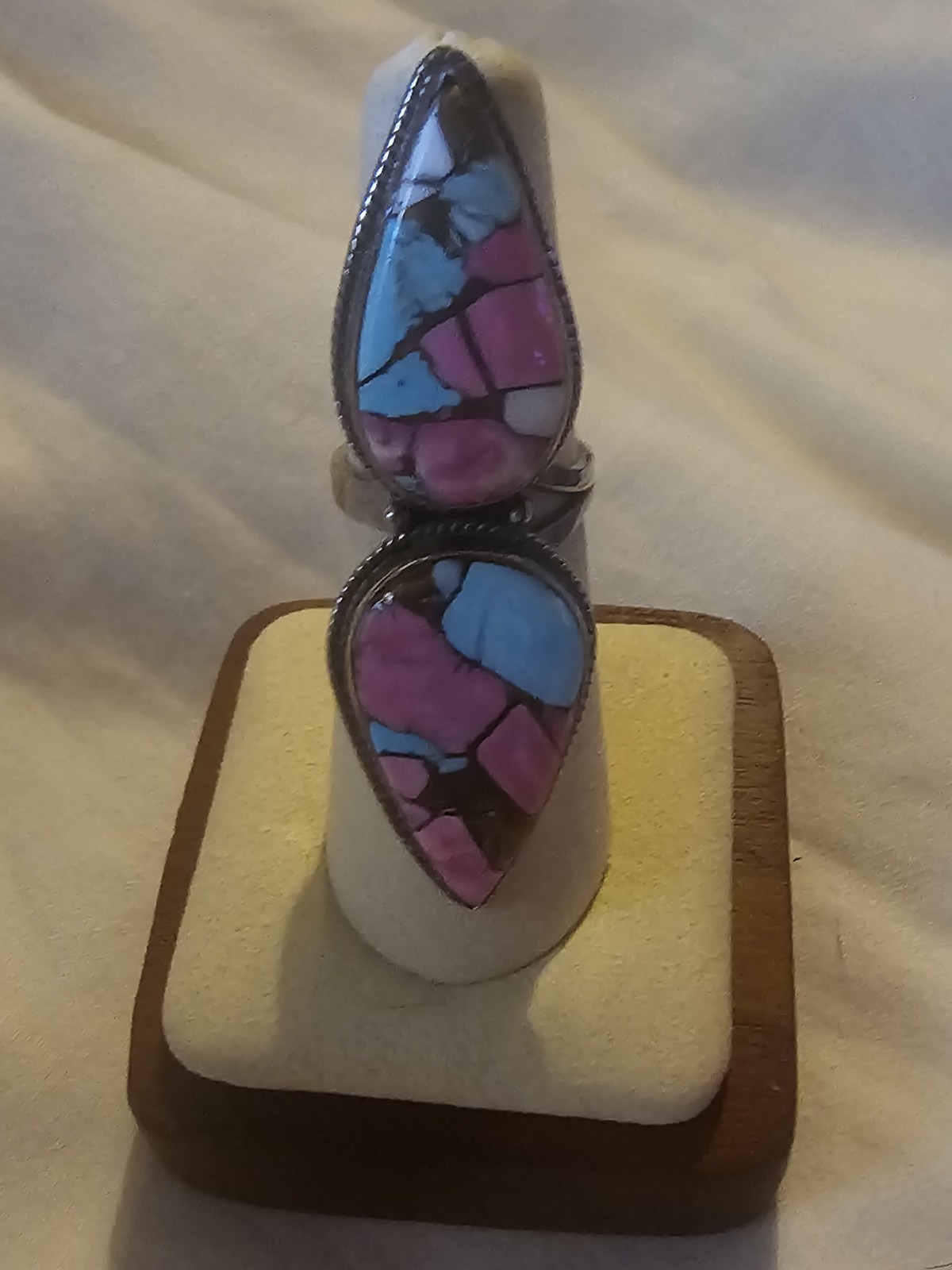 Sterling Silver Cotton Candy Turquoise Double Stone Statement Ring Sz 6