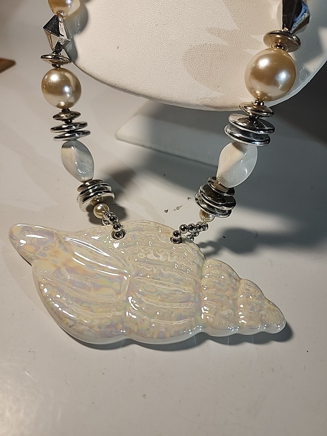 Iridescent SHell Pearl Necklace Silver Long 24 inch Statement Piece