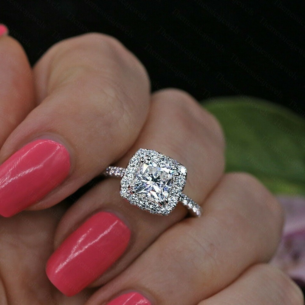 2.76 TCW Cushion Cut Moissanite Halo Engagement Ring In 14k White Gold Plated