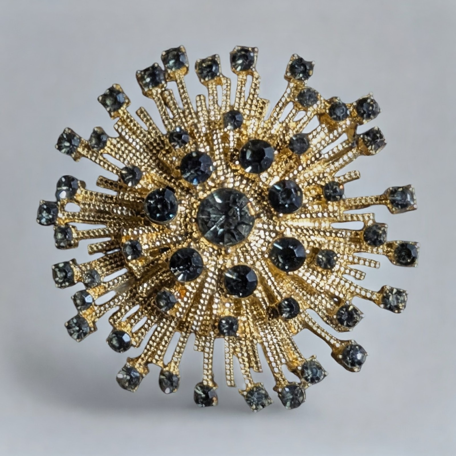Hildie & Jo Gold Tone Black Rhinestone Flower Snowflake Fireworks Brooch