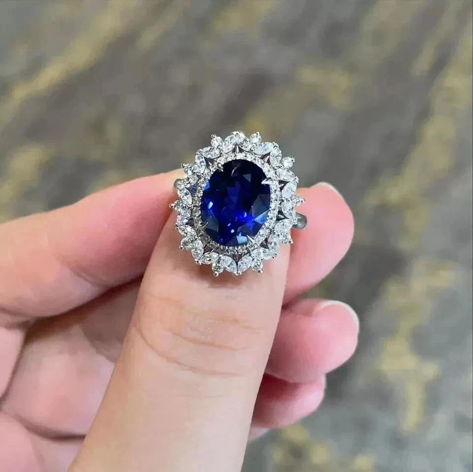 6.50Ct Oval Cut Natural Sapphire Diamond Wedding Ring 14K White Gold Size 6 7 8
