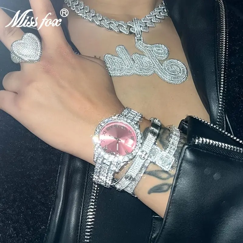 Hip Hop Luxury Ice out Women’s Watch Lady Iced Bling Silver Pink Diamond Jewelry