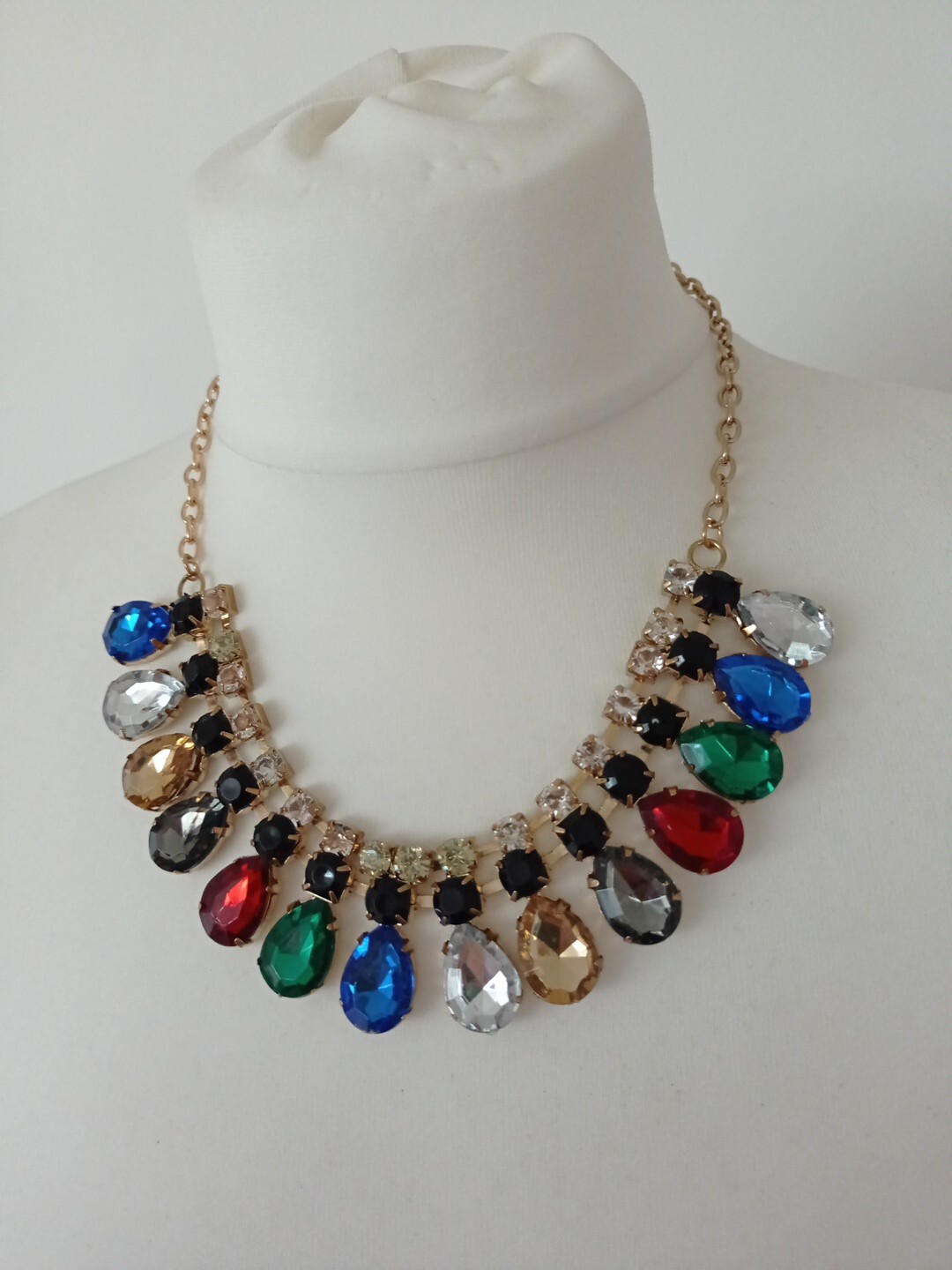Retro Gold Tone Faceted Clear/Black&Multicolour Rhinestone Beads Necklace-L47cm