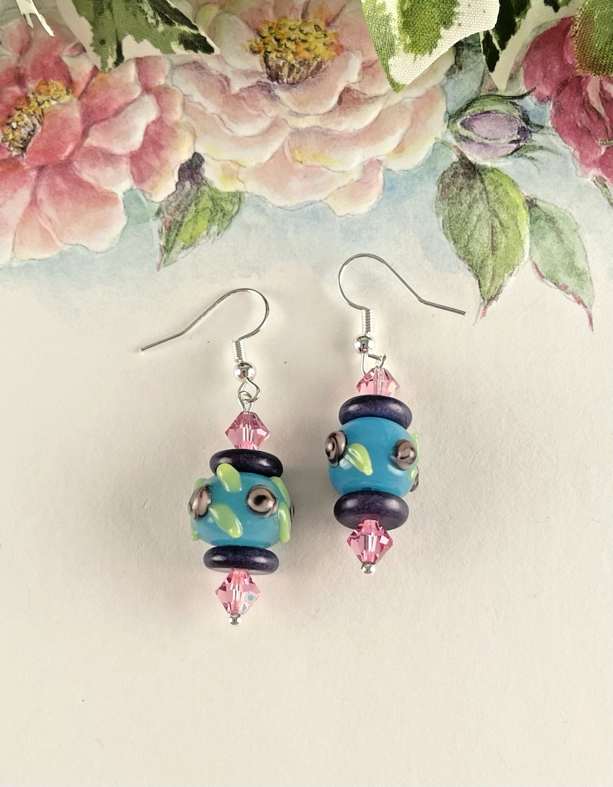 Navy Blue Aqua Floral Lampwork Bead Pink Crystal Silver Drop Earrings Artisan