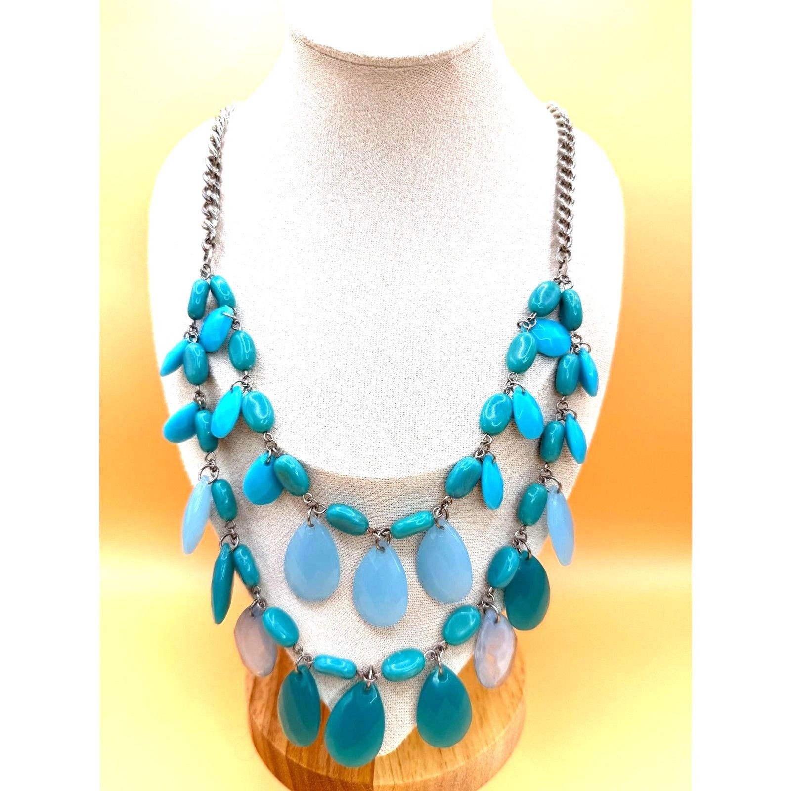 90s turquoise Teal Layered Statement Bib Necklace Silver Tone Boho 26.9′