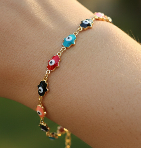 Evil Eye Hamsa Bracelet for Women, Rainbow Enamel Charm Bracelet, Gold Chain