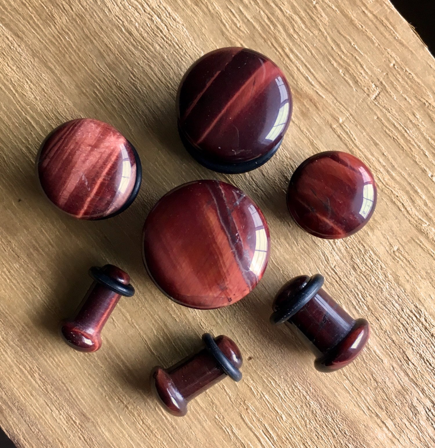 PAIR Single Flare Red Tiger Eye Stone Plugs Gauges Guages Earlets Body Jewelry
