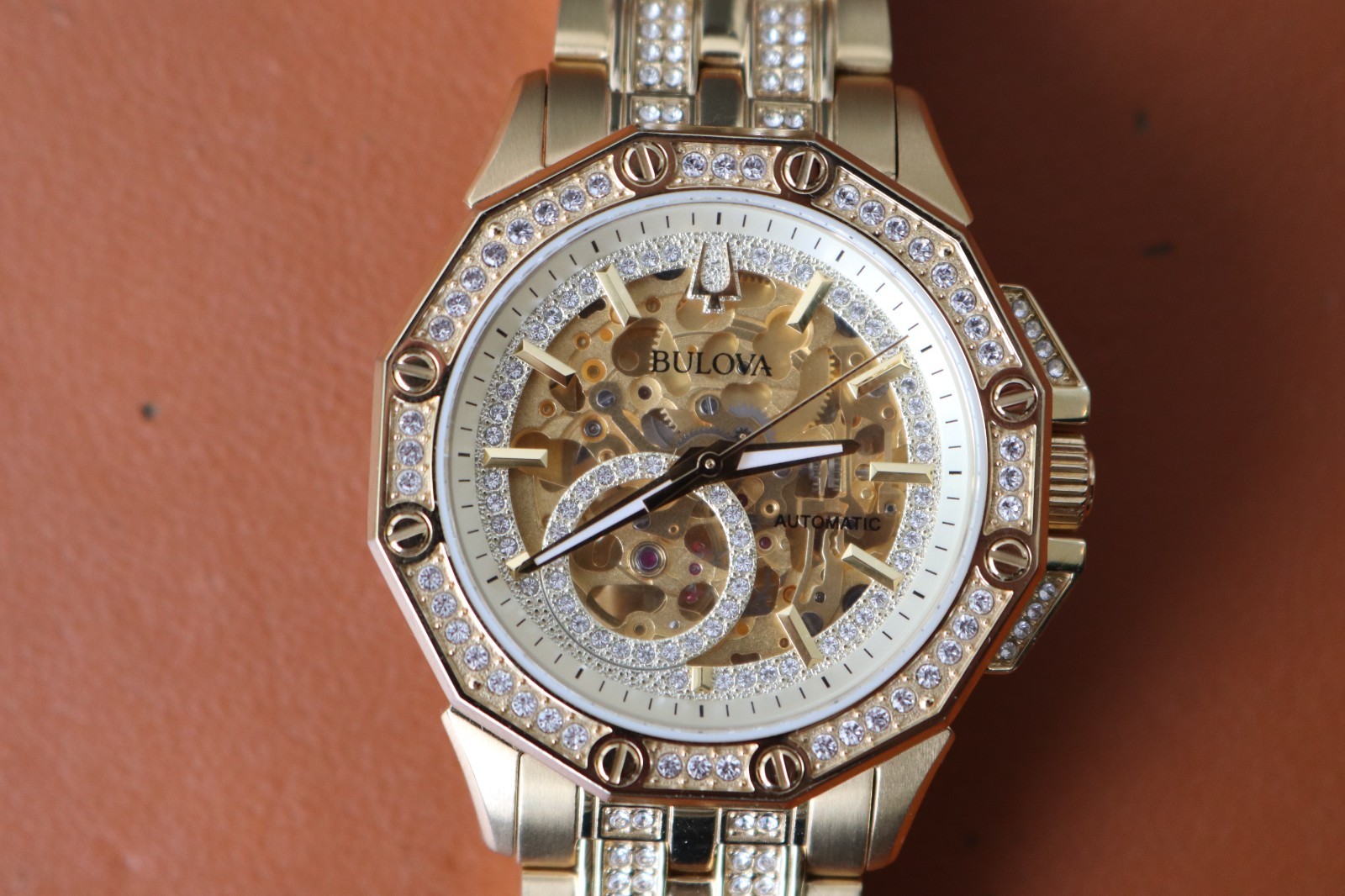 Bulova Octava Automatic Gold Tone Stainless St. Crystal Accent Men Watch 98A292