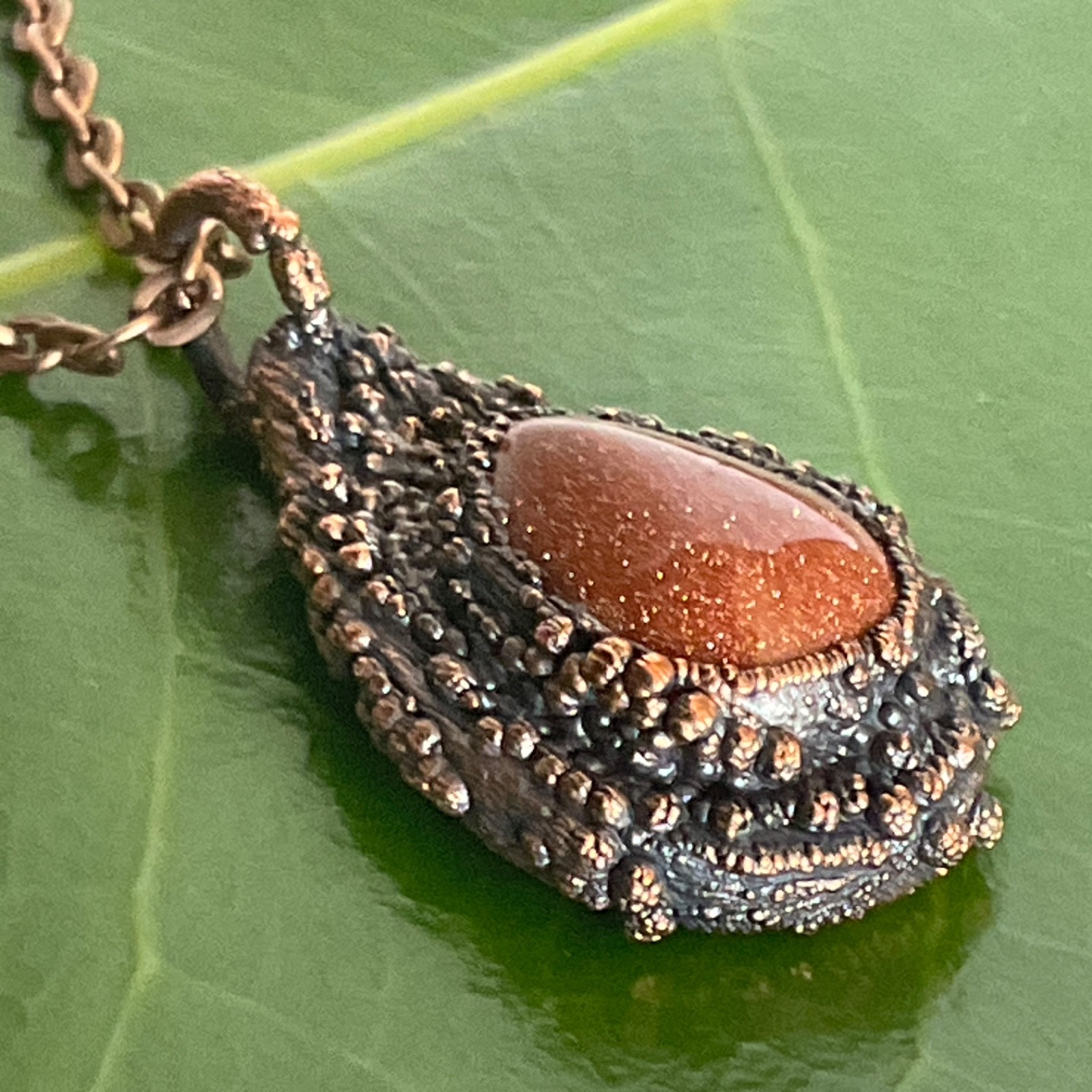 Necklace Copper Pendant Gold Sandstone Gem Stone Handmade Jewelry Chain Metal